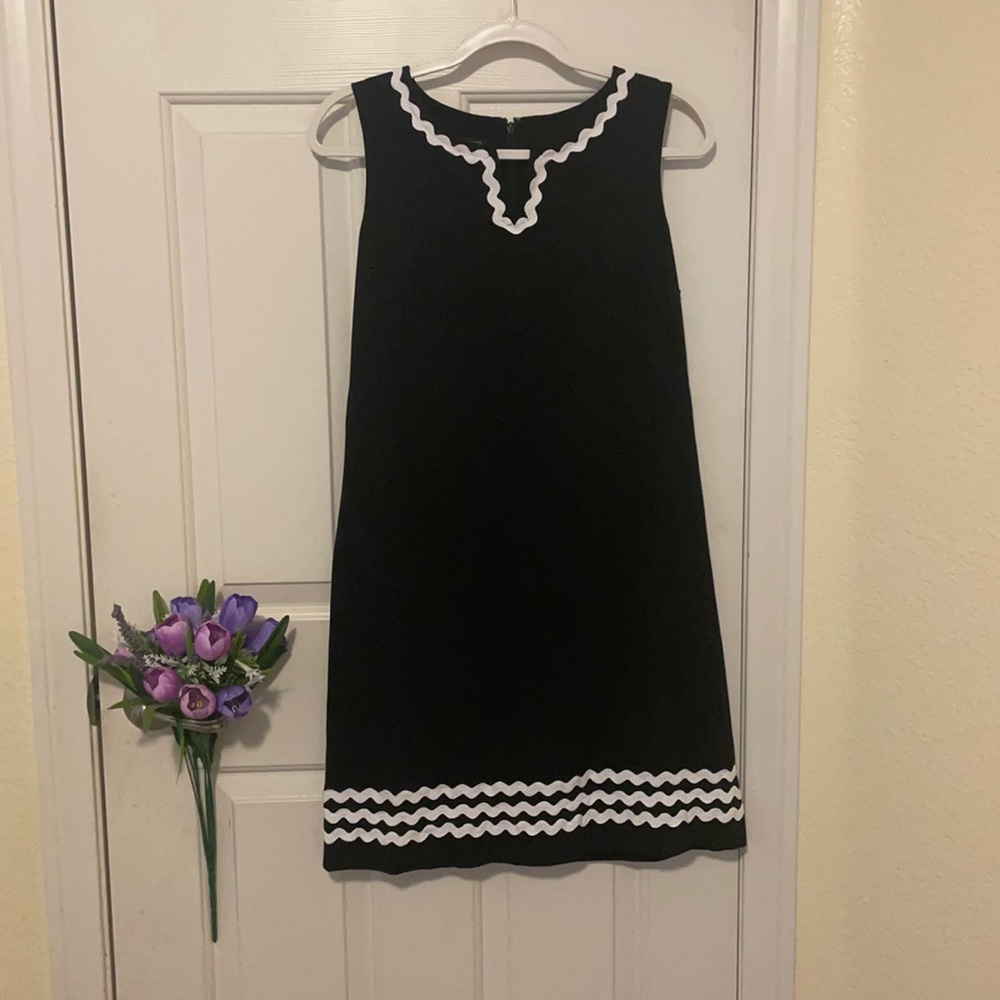Talbots black and white striped dress. 63%rayoone,32% nylon, 5% spandex